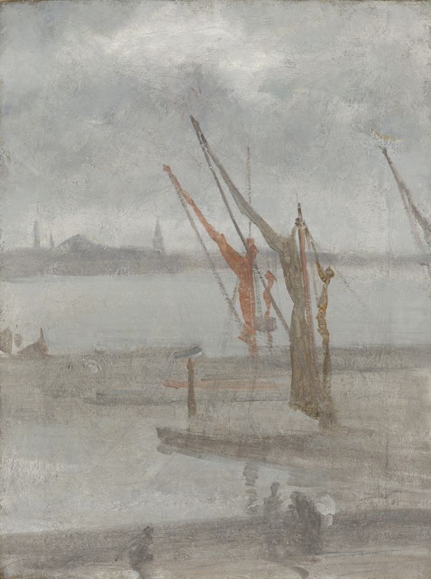 Installation. About a dozen masted ships and sailboats hang from the ceiling of a white-walled gallery to create a continuous procession. Some of the sails seem darkened with age, and the cabin of one long boat is rusted. Vines hang down from the boats.