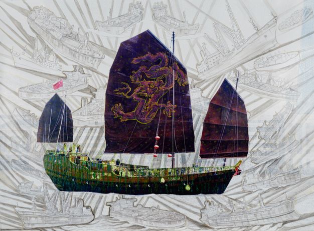 Mixed media. A Chinese sailing ship is created in tones of amethyst and eggplant purple for the battened sails, which fold like an accordion. The body of the ship is brown, black, and lime green. The background is created with silvery images of ships that could be tankers and bulk carriers.