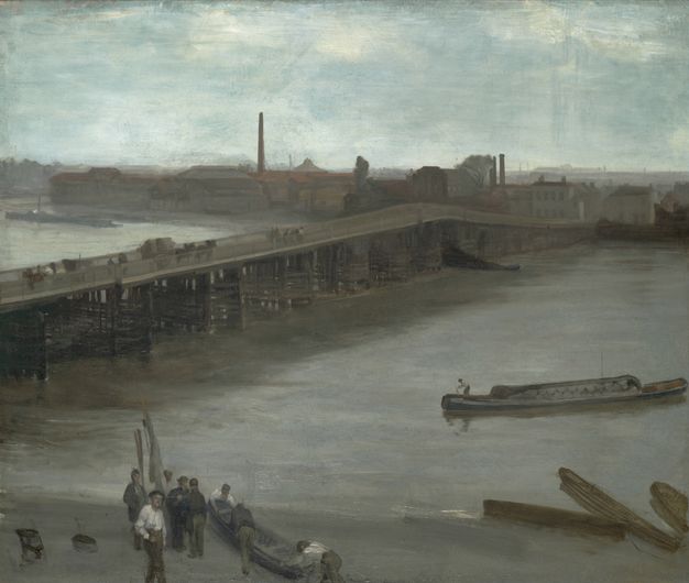 Painting. A bridge supported on lattice-like piers crosses a river from the left edge of this painting into the distance, to our right. Eight men gather or work around a rowboat on the grey beach, along the bottom edge of the composition. The landscape is painted in tones of iron grey and ash brown, with the hint of a blue sky in the top sixth of the composition.