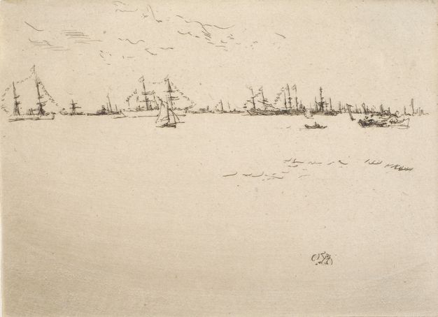 Print. About ten boats ranging in size from rowboats to double masted ships line the horizon, which comes two-thirds of the way up this etching. Much of the rest of the paper is blank, with only a few flicks to suggest rippling waves or clouds in the sky.