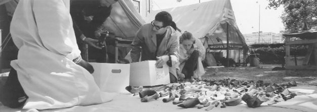 Black and white photograph. Four people kneel or bend over specimens laid out on the ground in this wide composition. Three appear to wear white or light-coloured lab coats, and one holds a box labelled “Bones”.