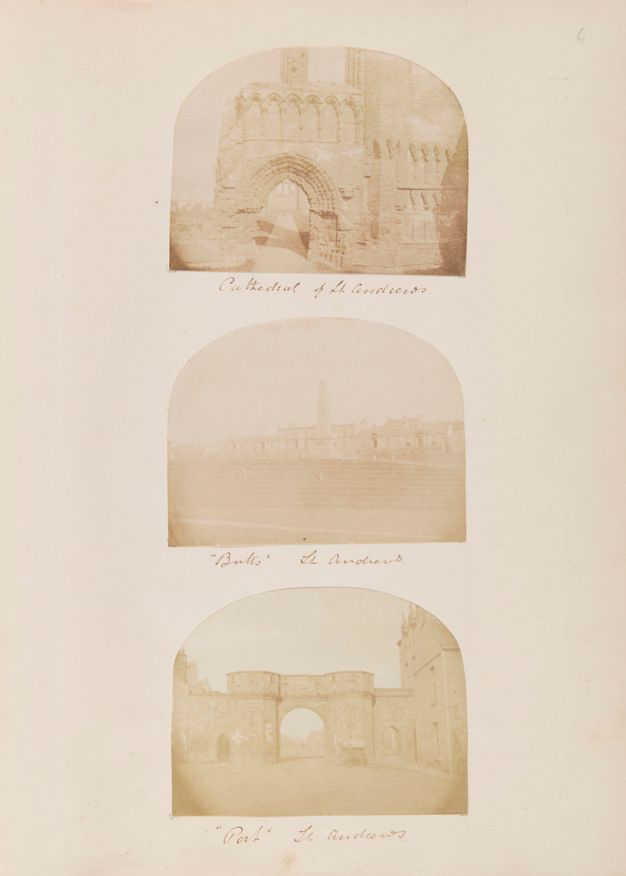 Album page. Three pale, brown and white photographs show stone buildings or ruins.