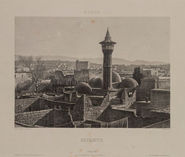 Print. We look across open-roofed or partially ruined stone structures at a tower that rises amid four rounded domes. A town stretches into the distance.