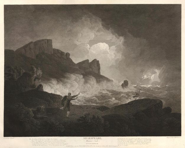 Print. Waves crash on a rocky shore under roiling clouds in this engraving. A man runs from a bear near the lower left. A long inscription is below.