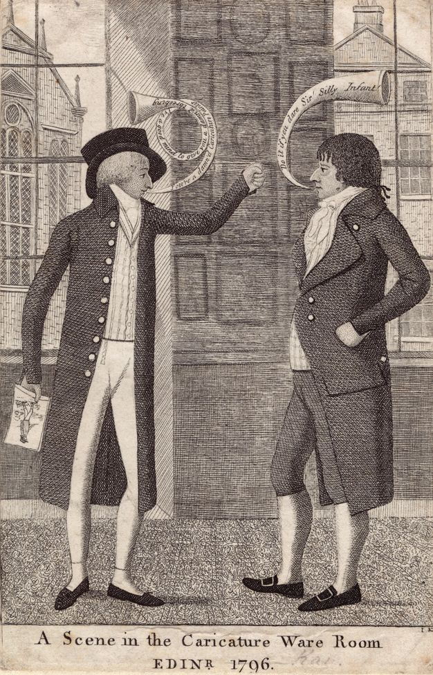 Print Two pale-skinned men wearing suits stand facing each other. Horn-like speech bubbles curl from each man’s lips. The man to our left holds a publication in one hand and his other first up. The other man faces him, hand on hip.