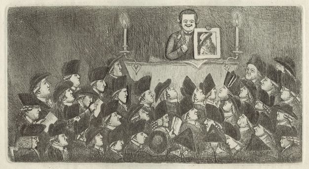 Print. A smiling man holds an auctioneer’s gavel in one hand and a portrait of a bearded man in the other. The head, shoulders, curling wigs, and tricorn hats of around forty men make up an audience below. Each face is different, and most are shown in profile.