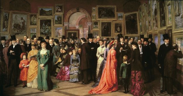 Painting. Dozens of pale-skinned men, women, and children crowd into a room hung frame-to-frame with paintings. The women wear long gowns in jewel tones of coral, pale purple, fern green, golden yellow, or shimmering pink. Some of the men wear black top hats and others bareheaded, and all wear black suits.
