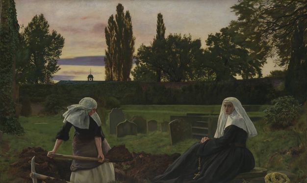 Painting. A woman digs a grave as another sits nearby in a graveyard at twilight in this horizontal composition. Both wear white habits and black robes. The woman digging has rolled up her sleeves and hitched up her outer skirts as she works. The other woman sits with her hands clasped, looking over her shoulder and off to our right.