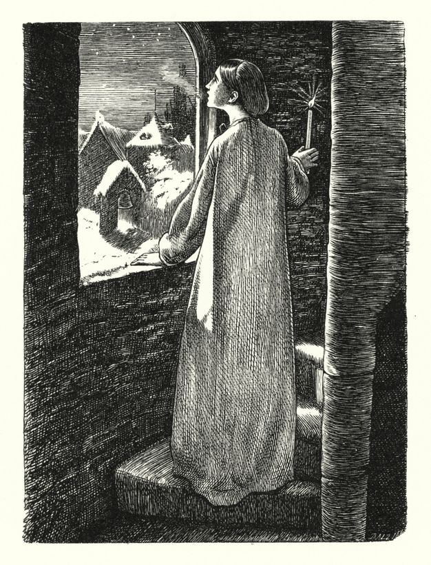 Print. A woman wearing a long nightgown stands at an arched window in a spiral staircase and looks onto the snowy night. Her breath shows in the cold, and a candle burns in one hand.