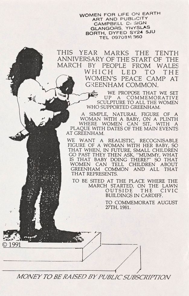 Flier. An illustration shows a woman holding a baby who reaches out. Text next to them begins, 'This year marks the tenth anniversary of the start of the march by people from Wales which led to the Women’s Peace Camp at Greenham Common'.