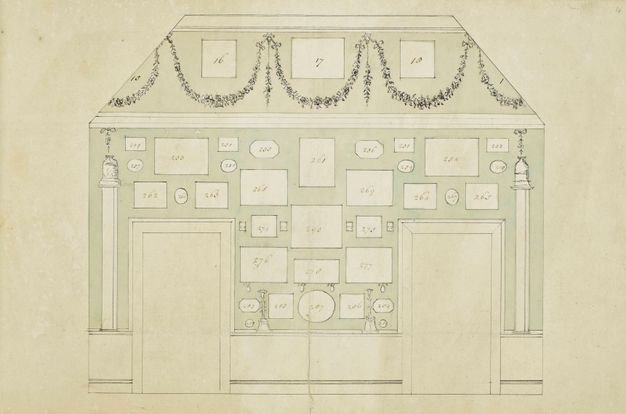 Drawing. Diagram shows the locations of prints affixed to the wall of a room with two rectangular openings for a door or alcove. Each space is numbered.