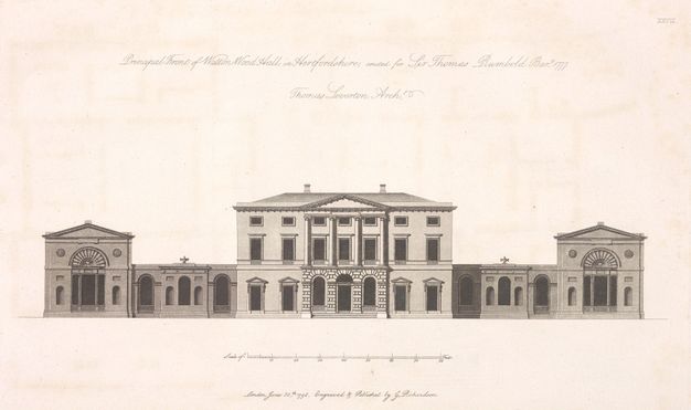 Illustration. Elevation drawing of a three-storey central building flanked by two arms that each end in a higher bay. Most of the windows on the lower level are arched, and those above are rectangular.