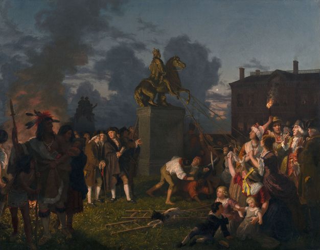 Painting. A crowd pulls an equestrian statue down from a high plinth at twilight. Soldiers pull on ropes as pale-skinned women and children watch. An indigenous man, woman, baby, and child are backlit in front of what could be a bonfire in the lower left corner of the painting.