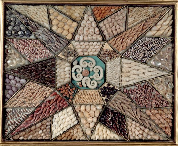 A framed shellwork artwork featuring a starburst pattern made from a variety of small shells, arranged in geometric sections of different colours and textures.
