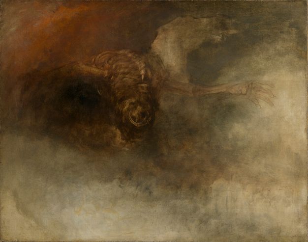 A dark, atmospheric painting of a skeletal figure with outstretched arms emerging from a hazy scene with indistinct surroundings.
