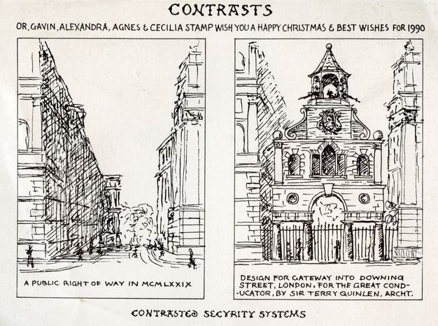 Black ink drawing on a landscape format white card. Two architectural scenes in portrait format appear in black borders. On the left we see a narrow urban street labelled "a public right of way in MCMLXXIX" and on the right a closed and ornate gateway design with text that specifies it is downing street and designed by Sir Terry Quinlan.