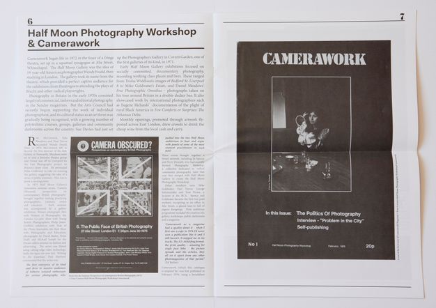 A two-page spread from Camerawork magazine featuring text and visuals. The left page contains an article titled "Half Moon Photography Workshop & Camerawork," detailing the history and focus of the Camerawork magazine and gallery. Below the article is a promotional poster for an event titled "Camera Obscured? Perspectives on contemporary British Photography," held on June 30, 1975.
